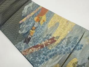 横笛に尺八・花葉・雲模様織出し袋帯